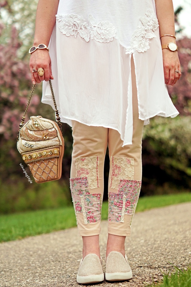 Winnipeg Style, Canadian Fashion consultant blog, stylist, April Cornell Hobo leggings patches patched pink peach, country chic, floral fabric, Anthropologie Akemi & Kin Kris white lace chiffon tunic top, Mary Frances Accessories Ice Cream beaded clutch purse bag, Naturalizer Marianne slip on sneakers pink cream metallic